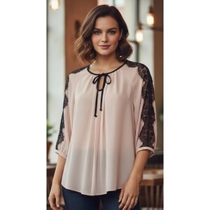 By & By Blush Pink Semi Sheer Blouse with Lace Detail